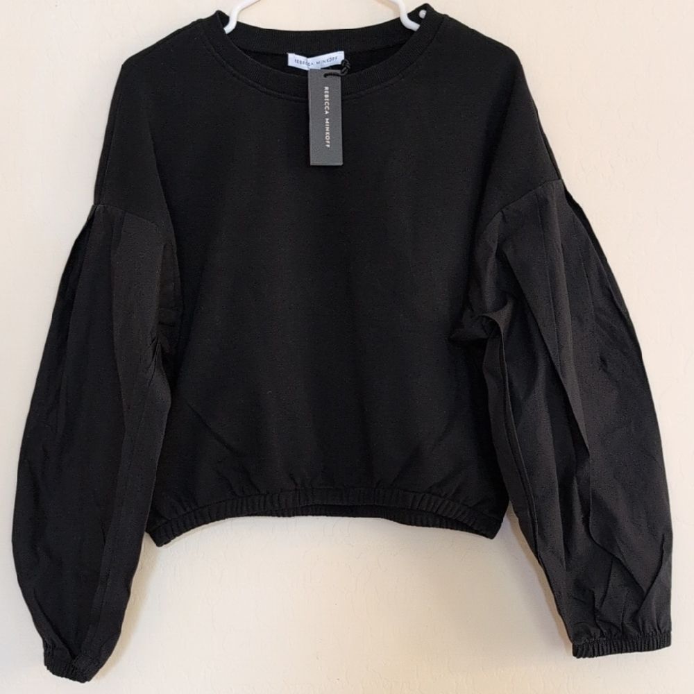 NWT Rebecca Minkoff Black Puff Sleeve Julia Combo Long Sleeve Top - L - Picture 2 of 10